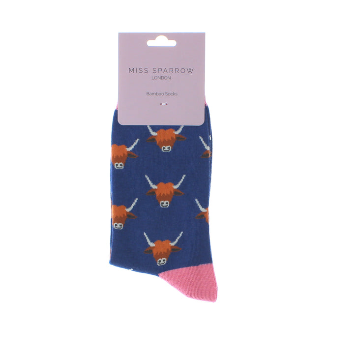 Miss Sparrow Bamboo Socks Highland Cows (Navy)