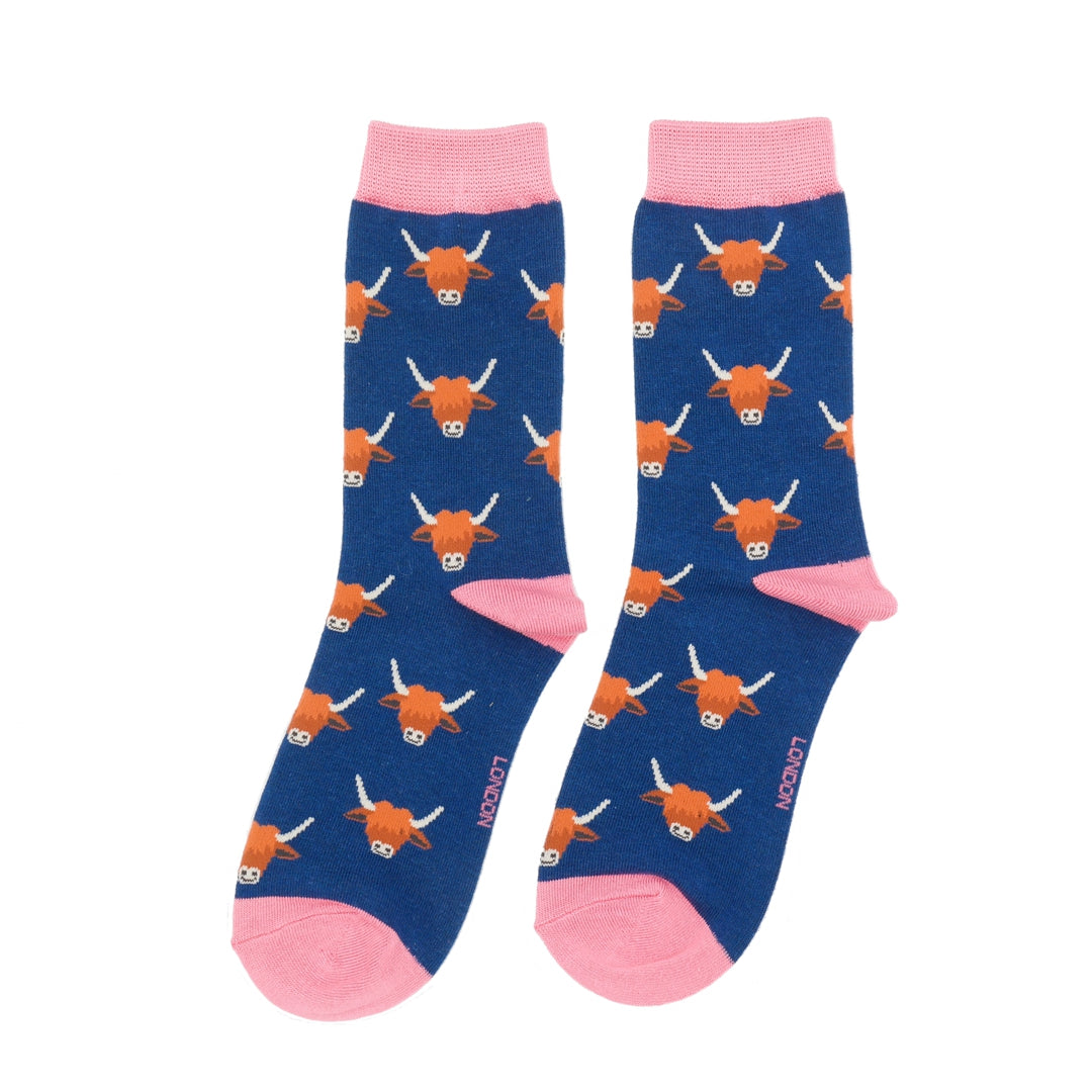 Miss Sparrow Bamboo Socks Highland Cows (Navy)