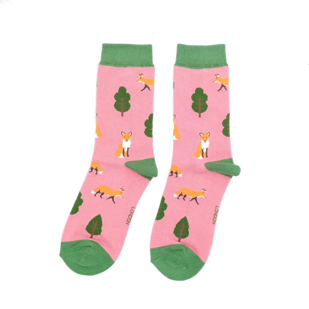 Miss Sparrow Bamboo Fox in the Woods Socks (Pink)