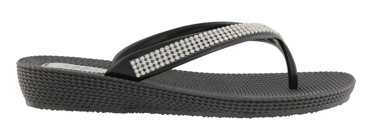 Ella Nancy Diamante Low Wedge Slip On Flip Flops In Black