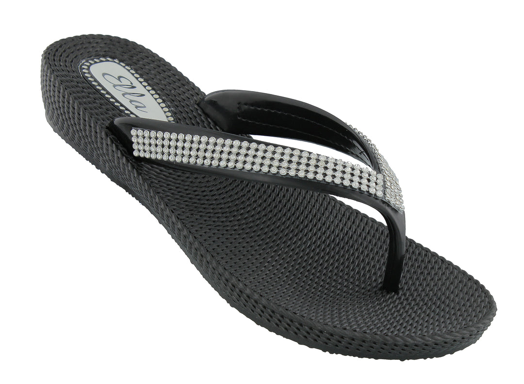 Ella Nancy Diamante Low Wedge Slip On Flip Flops In Black