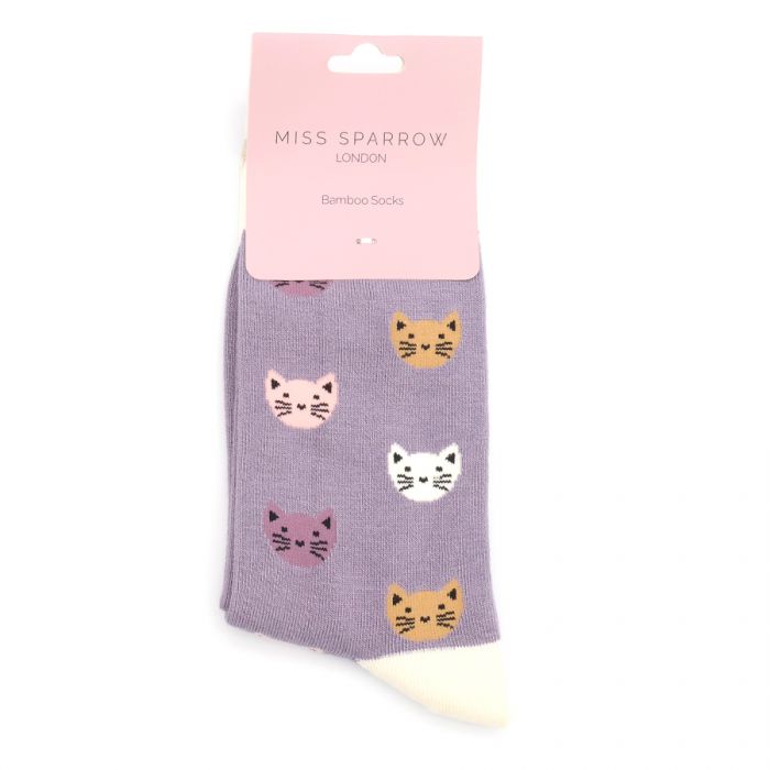 Miss Sparrow Bamboo Kitty Faces Socks (Lavender)