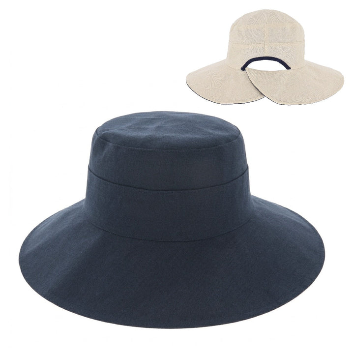 Ladies Reversible Wide Cut Out Brim Sun Hat in Navy/Natural