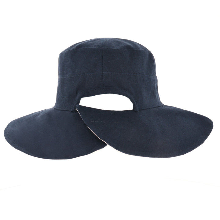 Ladies Reversible Wide Cut Out Brim Sun Hat in Navy/Natural