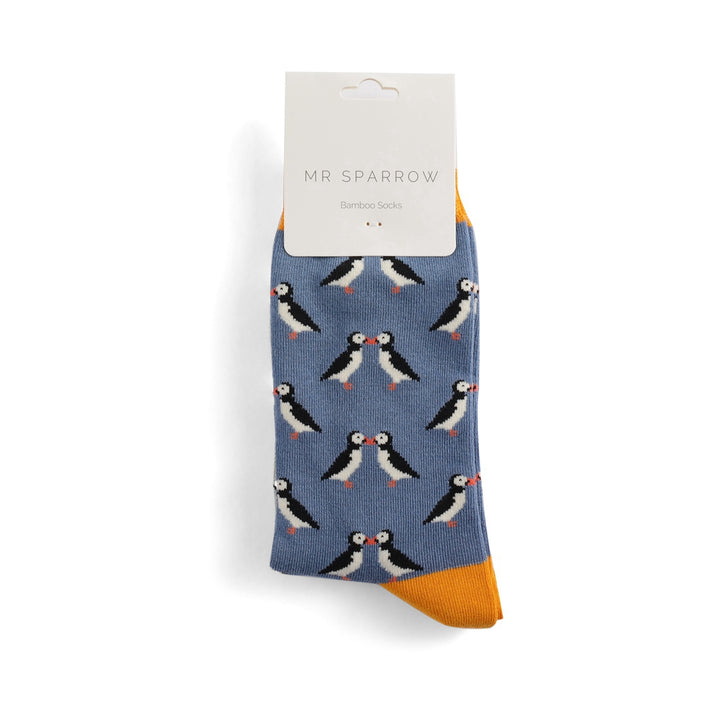 Mr Heron Mens Bamboo Kissing Puffins Socks In Denim