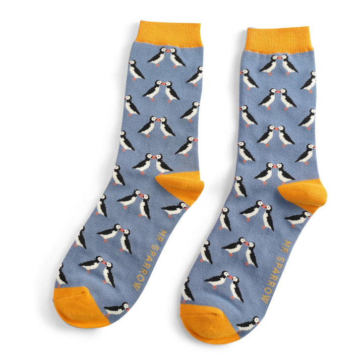 Mr Heron Mens Bamboo Kissing Puffins Socks In Denim