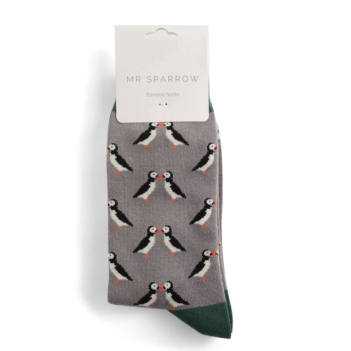 Mr Heron Mens Bamboo Kissing Puffins Socks In Grey