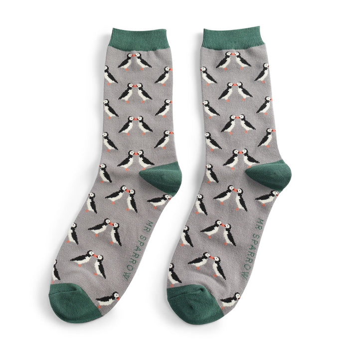 Mr Heron Mens Bamboo Kissing Puffins Socks In Grey