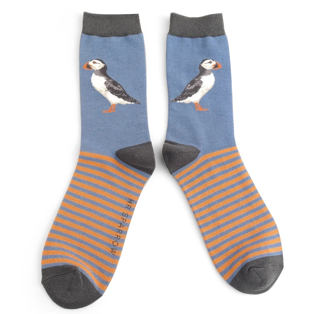 Mr Heron Mens Bamboo Puffin Socks In Denim