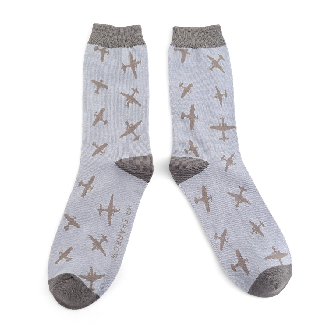 Mr Heron Mens Bamboo Planes Socks In Dusky Blue