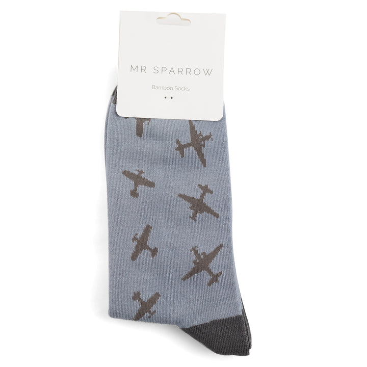 Mr Heron Mens Bamboo Planes Socks In Dusky Blue