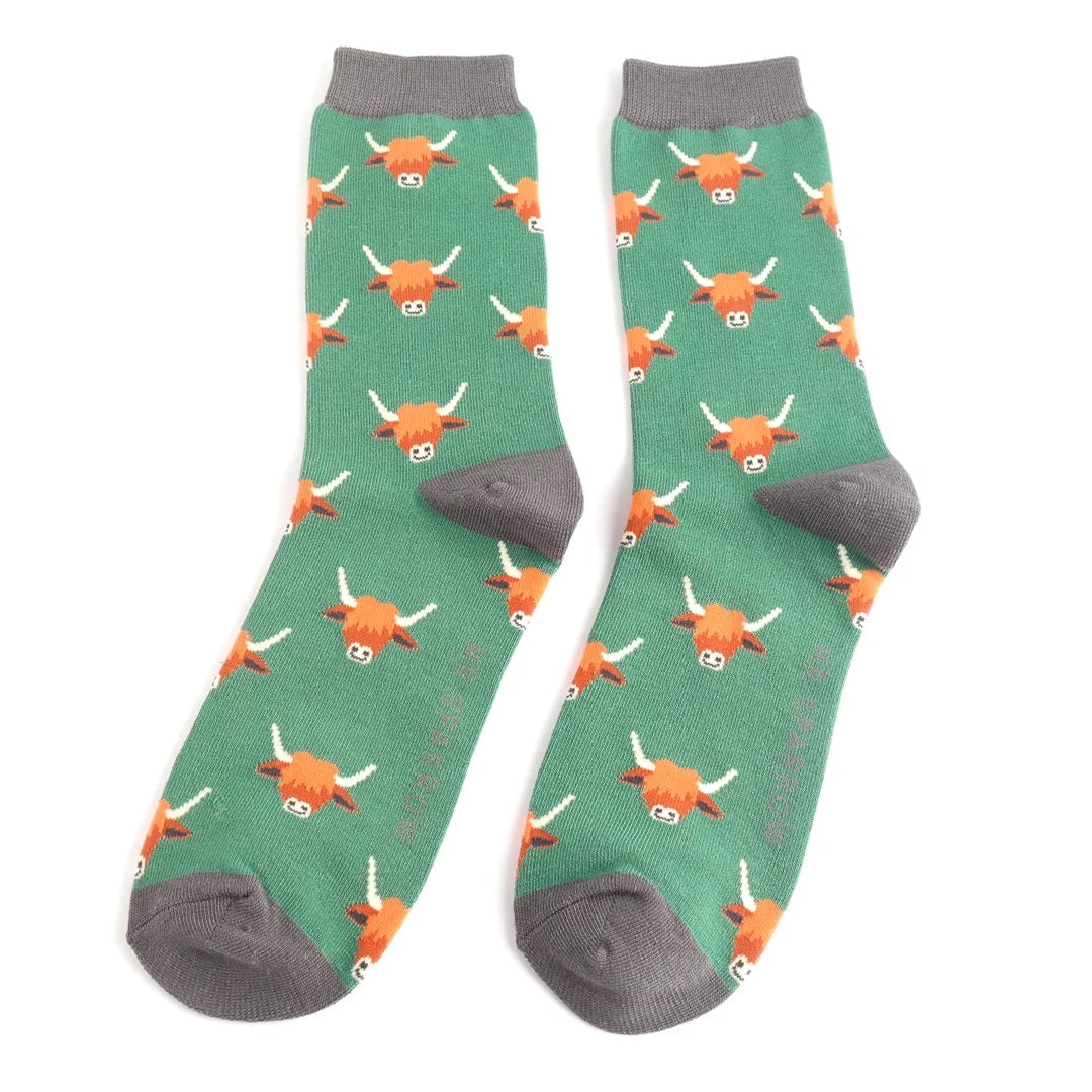 Mr Heron Mens Bamboo Highland Cows Socks In Green