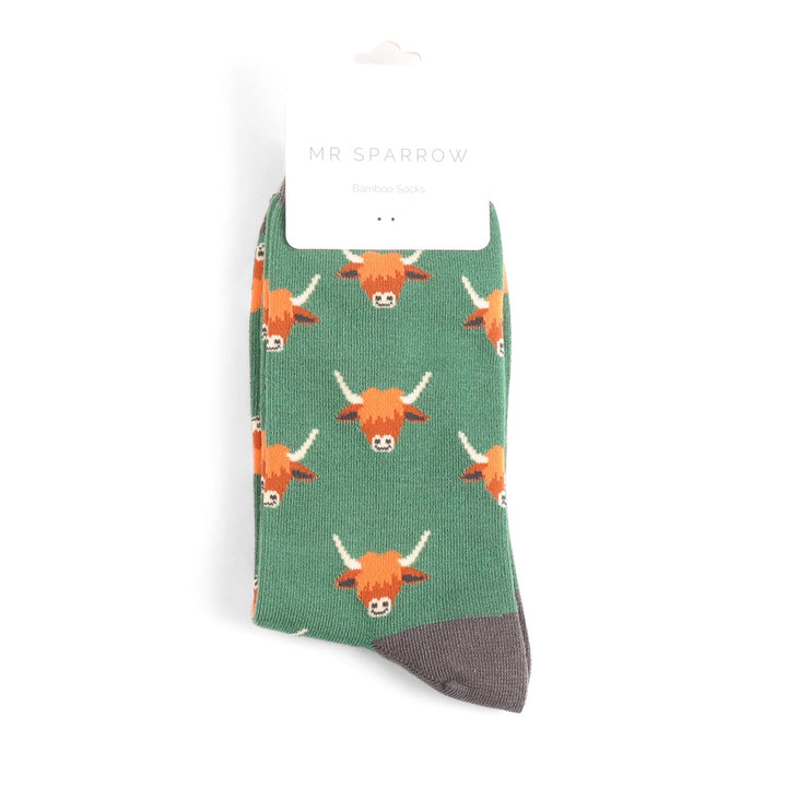 Mr Heron Mens Bamboo Highland Cows Socks In Green