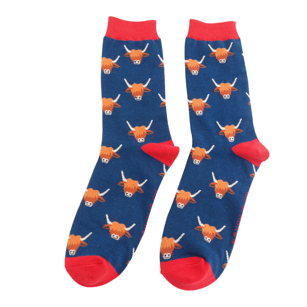 Mr Heron Mens Bamboo Highland Cows Socks In Navy