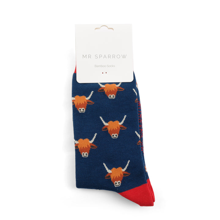 Mr Heron Mens Bamboo Highland Cows Socks In Navy