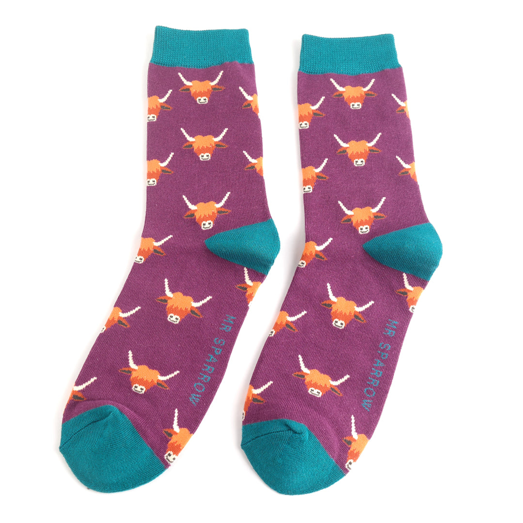 Mr Heron Mens Bamboo Highland Cows Socks In Purple