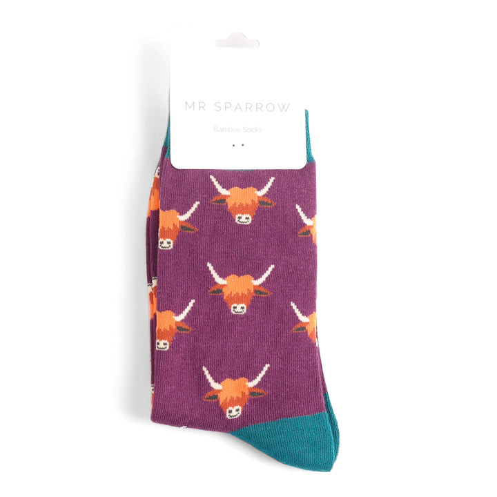 Mr Heron Mens Bamboo Highland Cows Socks In Purple