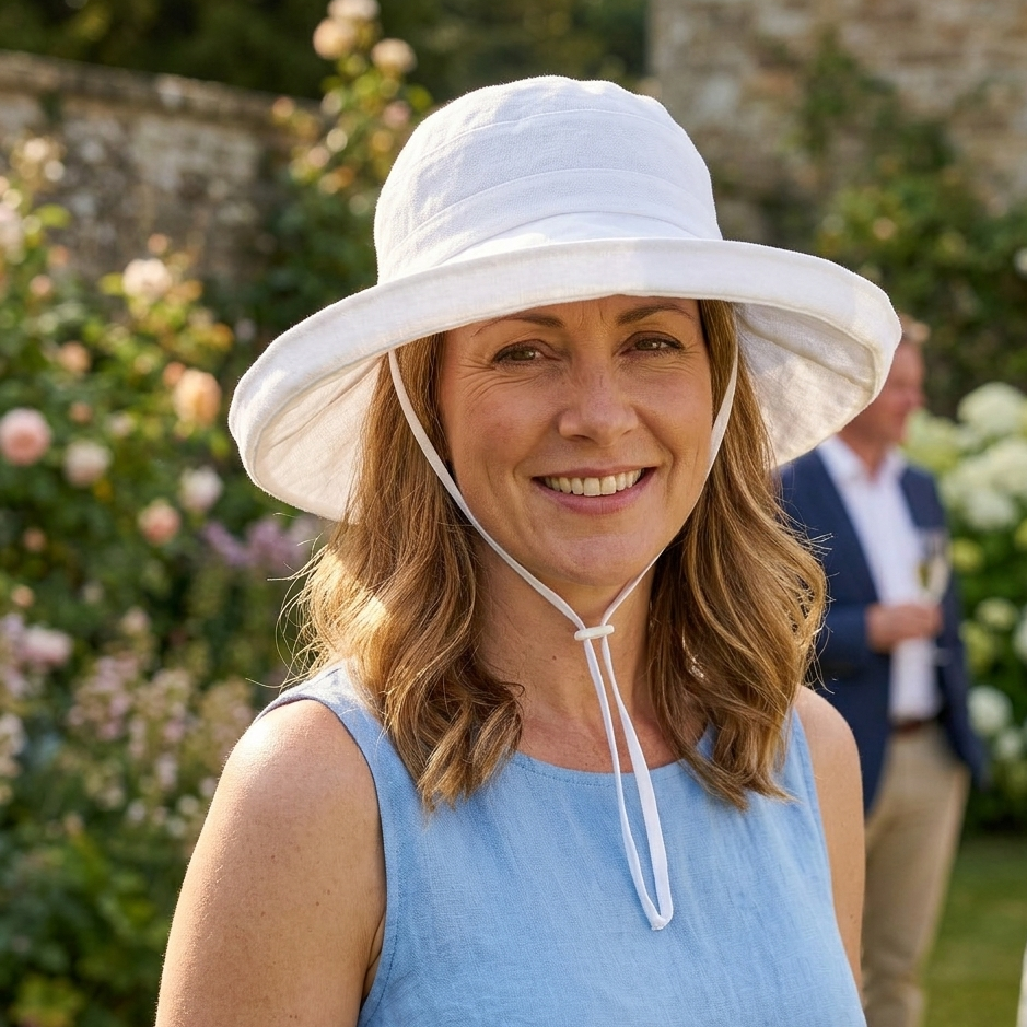 Ladies Cotton & Linen Wide Brim Sun Hat in White