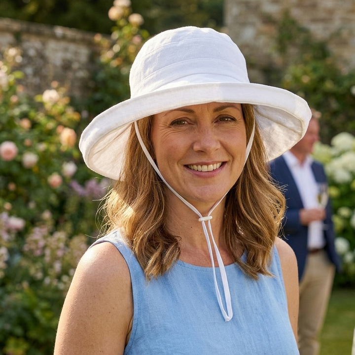 Ladies Cotton & Linen Wide Brim Sun Hat in White