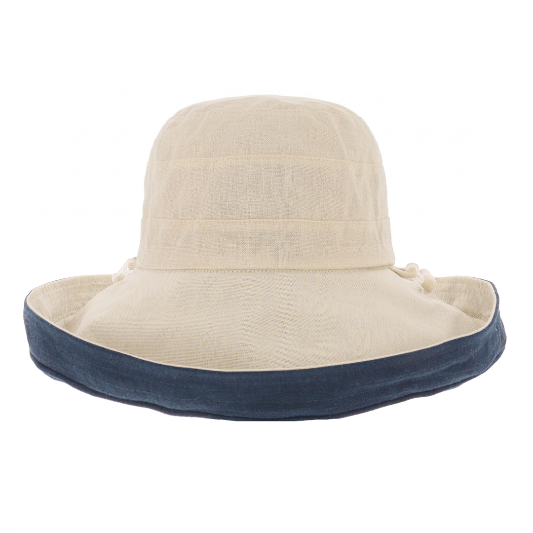 Ladies Cotton & Linen Reversible Wide Brim Sun Hat in Navy