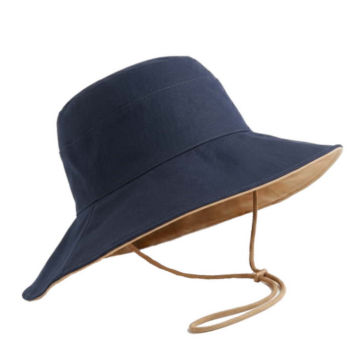 Ladies Cotton Wide Brim & Reversible Sun Hat in Navy/Caramel