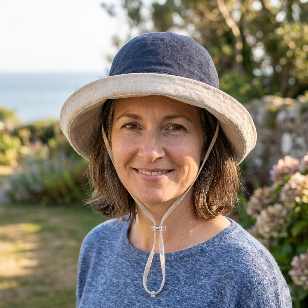 Ladies Cotton & Linen Reversible Wide Brim Sun Hat in Navy