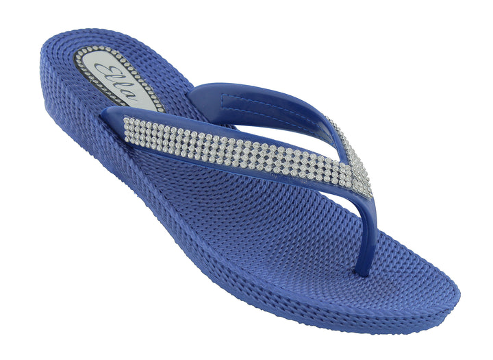 Ella Nancy Diamante Low Wedge Slip On Flip Flops In Navy