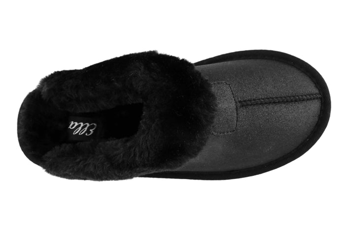 Ella Sparkle Glitter Warm Faux Fur Lined Memory Foam Mules Slippers In Black