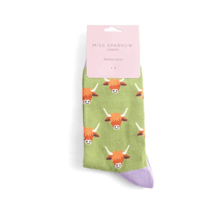 Miss Sparrow Bamboo Socks Higland Cows In Green