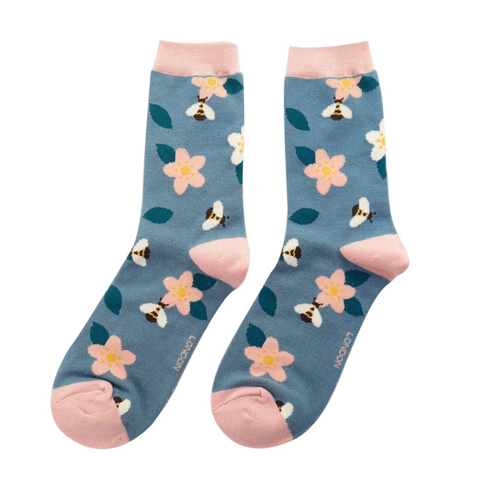 Miss Sparrow Bamboo Socks Bees & Flowers In Denim