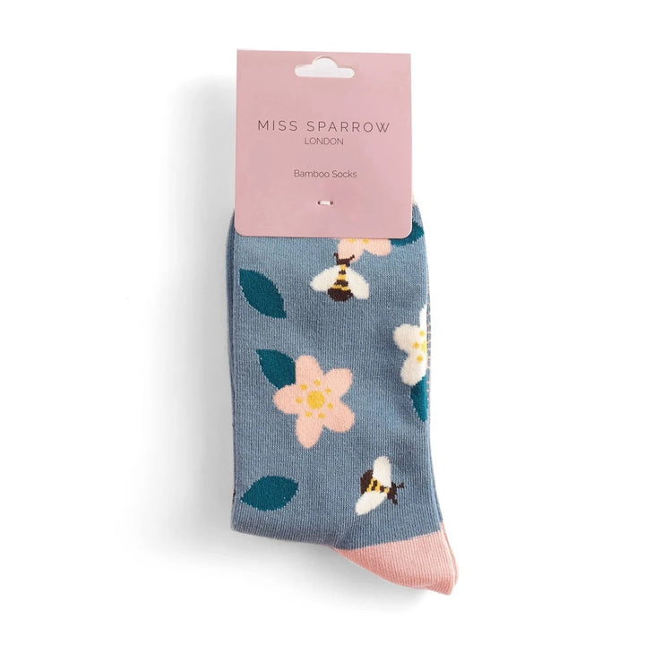 Miss Sparrow Bamboo Socks Bees & Flowers In Denim