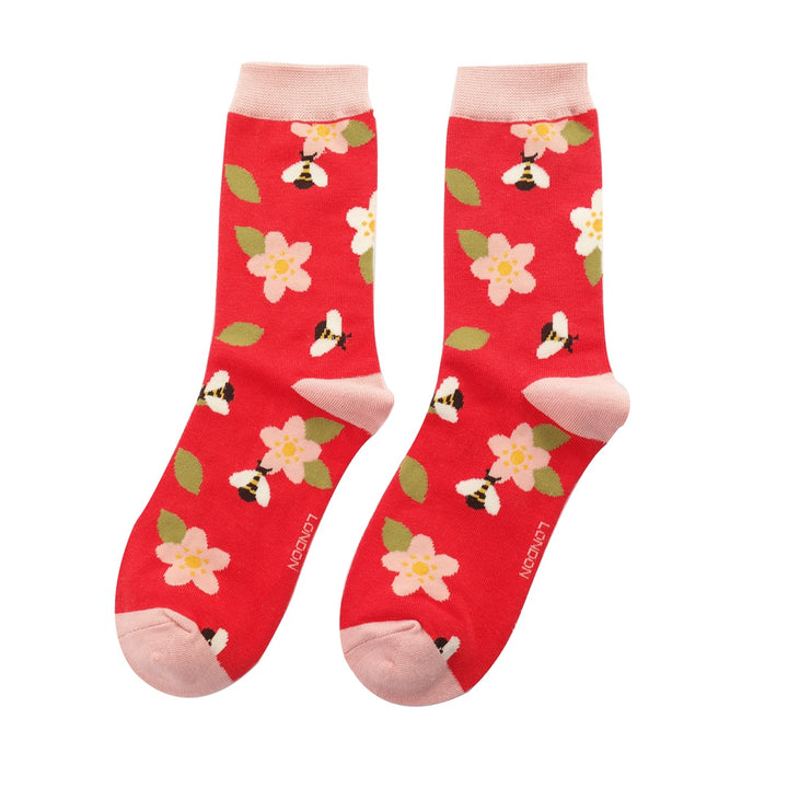 Miss Sparrow Bamboo Socks Bees & Flowers In Red