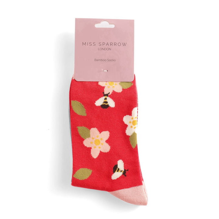 Miss Sparrow Bamboo Socks Bees & Flowers In Red