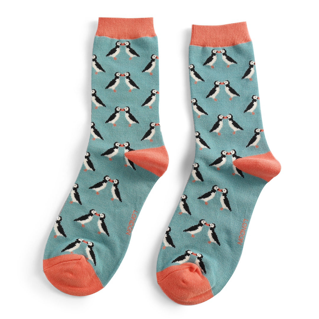 Miss Sparrow Bamboo Socks Kissing Puffins In Duck Egg