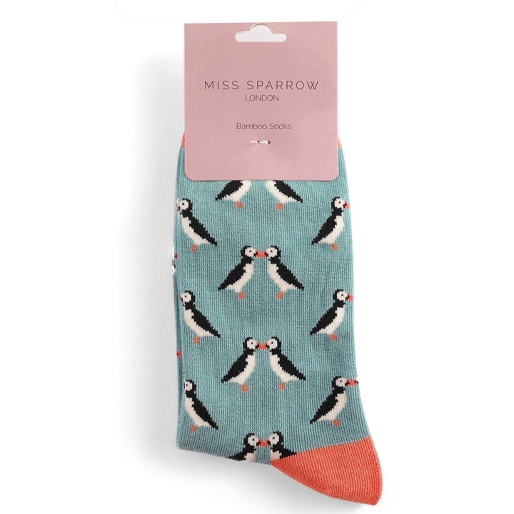 Miss Sparrow Bamboo Socks Kissing Puffins In Duck Egg