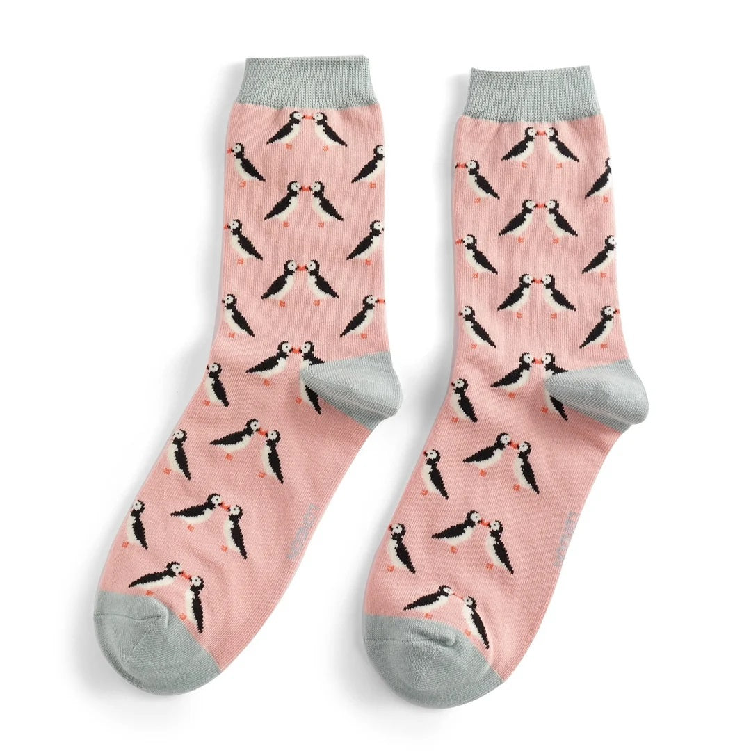 Miss Sparrow Bamboo Socks Kissing Puffins In Dusky Pink