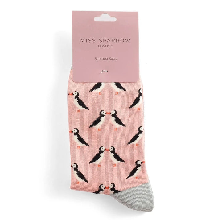 Miss Sparrow Bamboo Socks Kissing Puffins In Dusky Pink