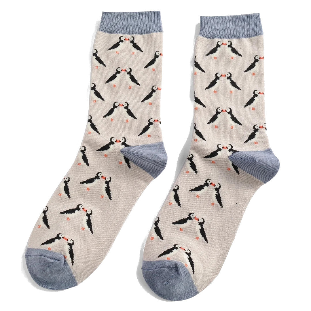 Miss Sparrow Bamboo Socks Kissing Puffins In Silver