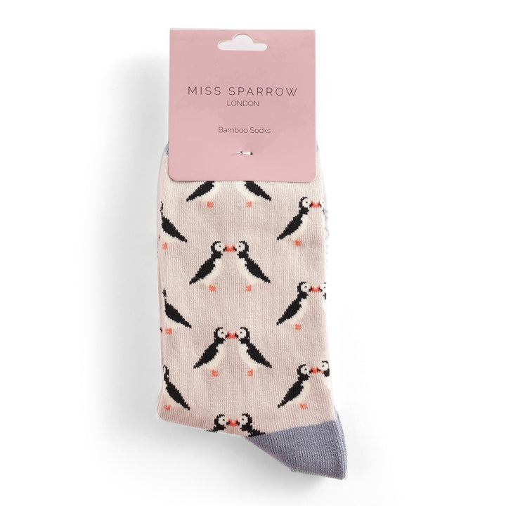 Miss Sparrow Bamboo Socks Kissing Puffins In Silver