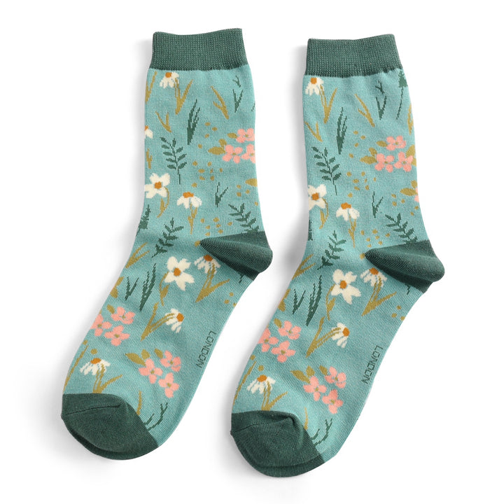 Miss Sparrow Bamboo Socks Meadow in Duck Egg