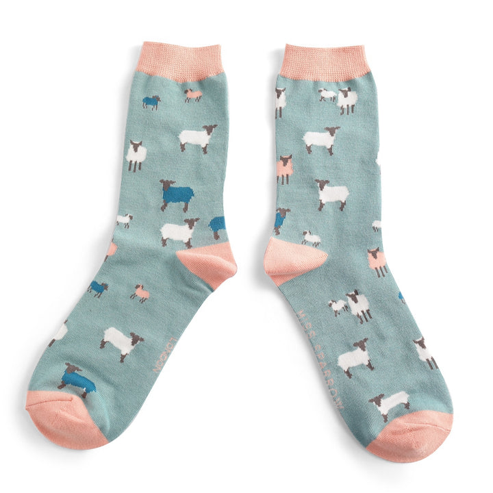 Miss Sparrow Bamboo Socks Sheep Family In Duck Egg