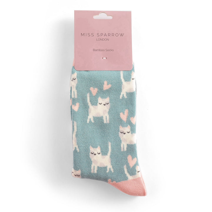 Miss Sparrow Bamboo Socks Sleepy Cats In Duck Egg