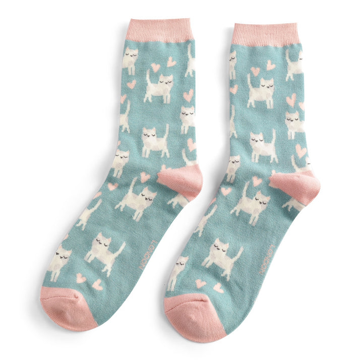 Miss Sparrow Bamboo Socks Sleepy Cats In Duck Egg