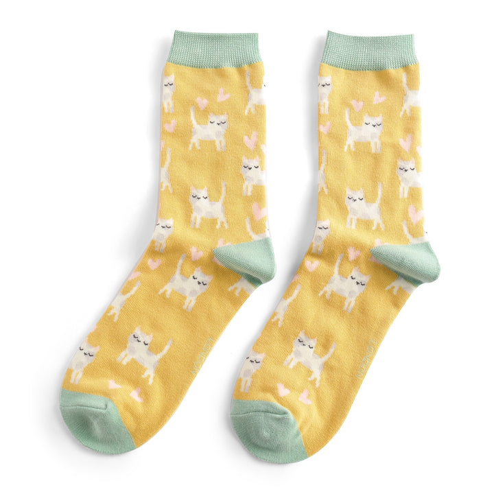 Miss Sparrow Bamboo Socks Sleepy Cats In Yellow