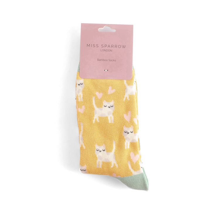 Miss Sparrow Bamboo Socks Sleepy Cats In Yellow