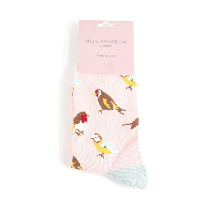 Miss Sparrow Bamboo Socks Garden Birds In Pale Pink