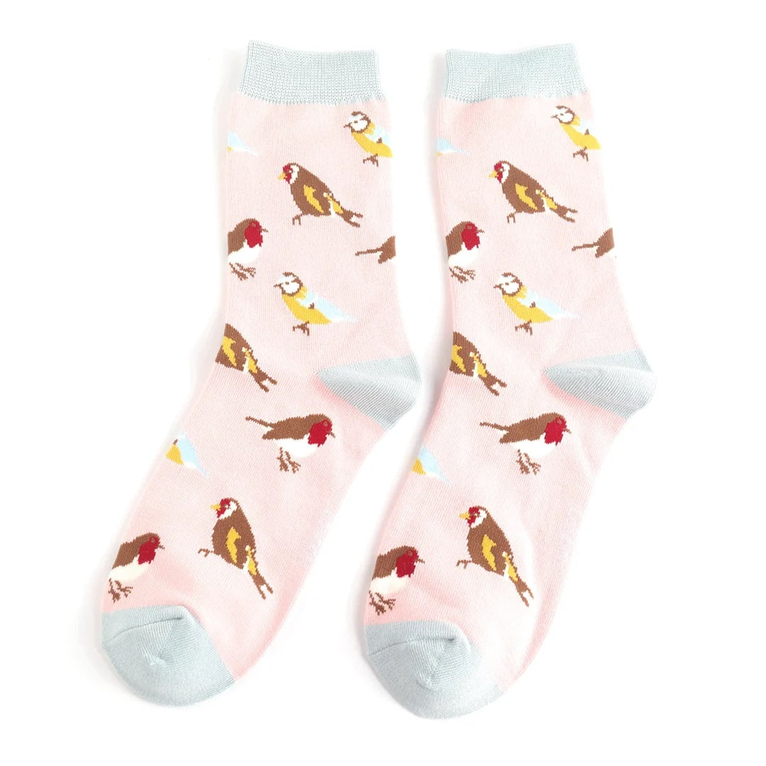 Miss Sparrow Bamboo Socks Garden Birds In Pale Pink