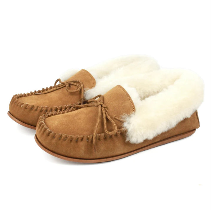 Women's Suede Sheepskin Lined Moccasin Slippers In Chestnut