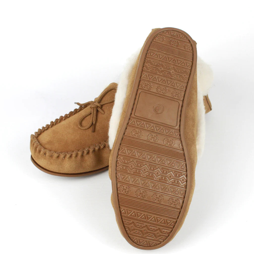 Women's Suede Sheepskin Lined Moccasin Slippers In Chestnut