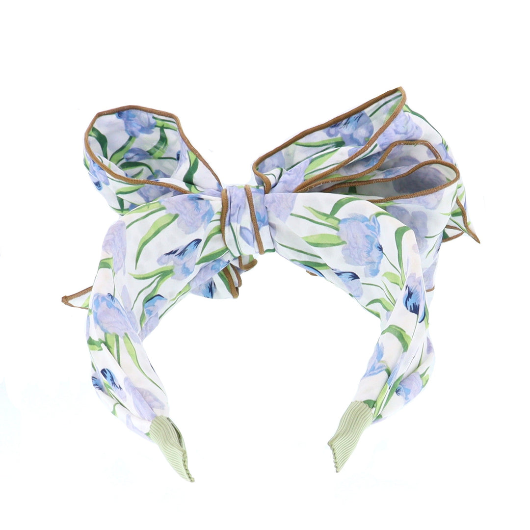 Women's Floral Print Wired Bow Headband Blue & Green Flowers